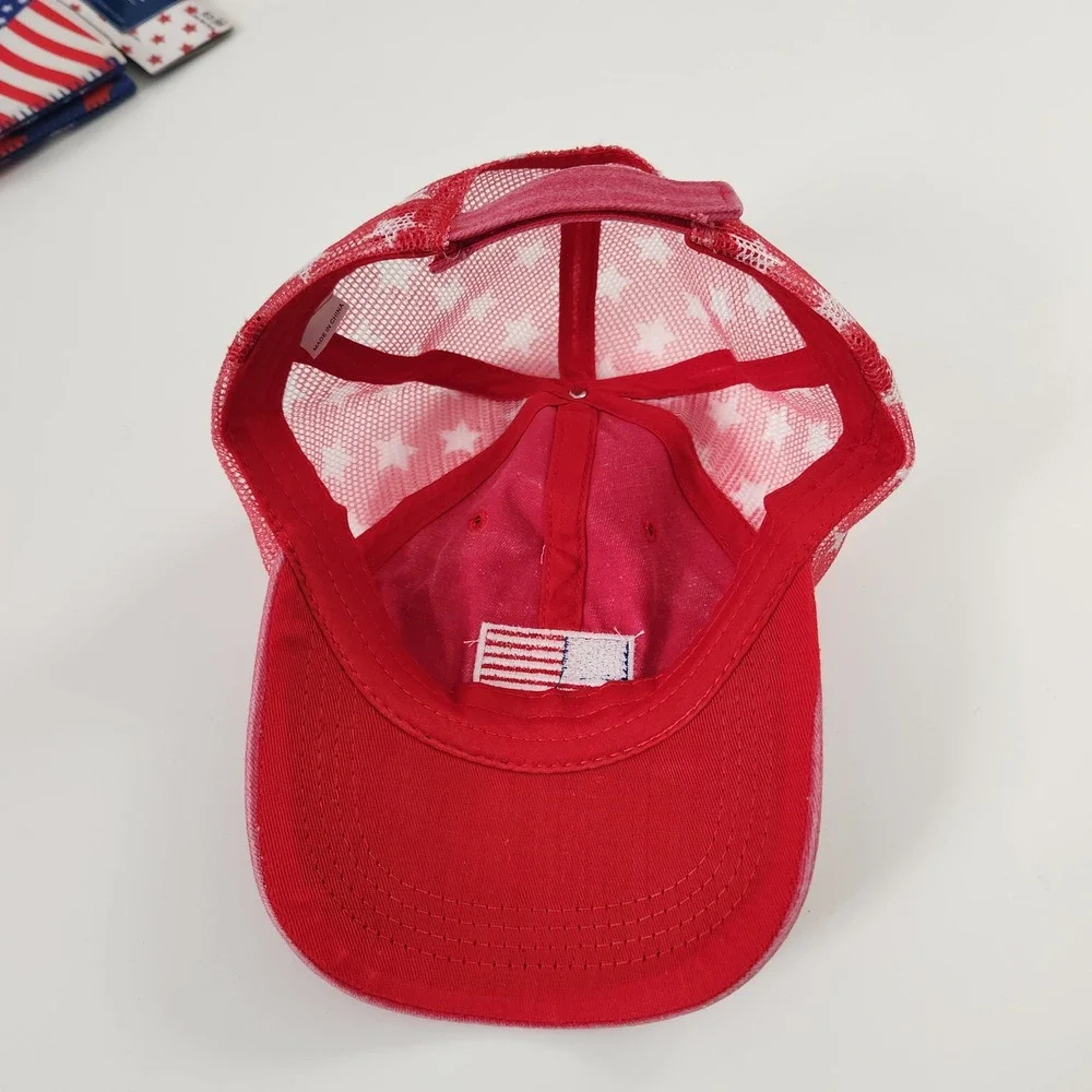 July‎ 4th American Flag Koozie Can Cooler & Red Star Mesh Trucker Hat Set NEW